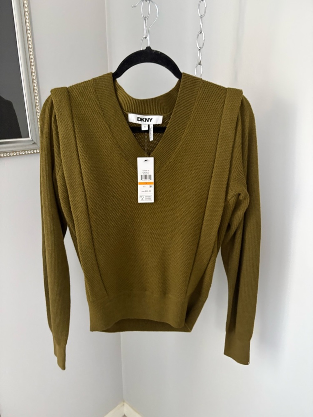 DKNY Olive Green V-Neck Ribbed Knit Sweater